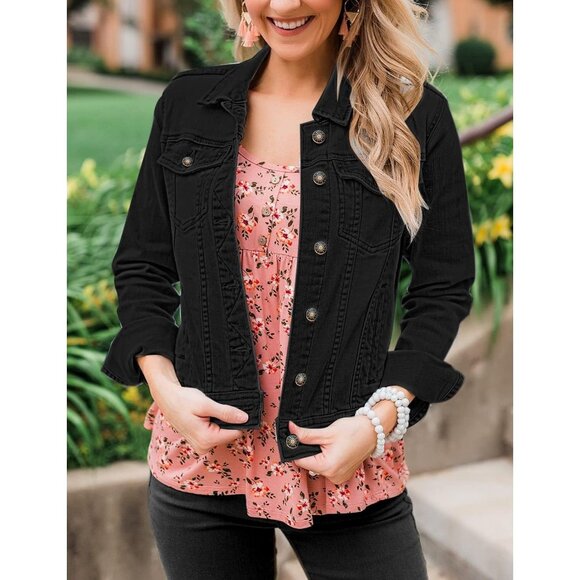 Women's Basic Long Sleeves Button Down Fitted Denim Jean Jacket Always Black - Picture 3 of 5
